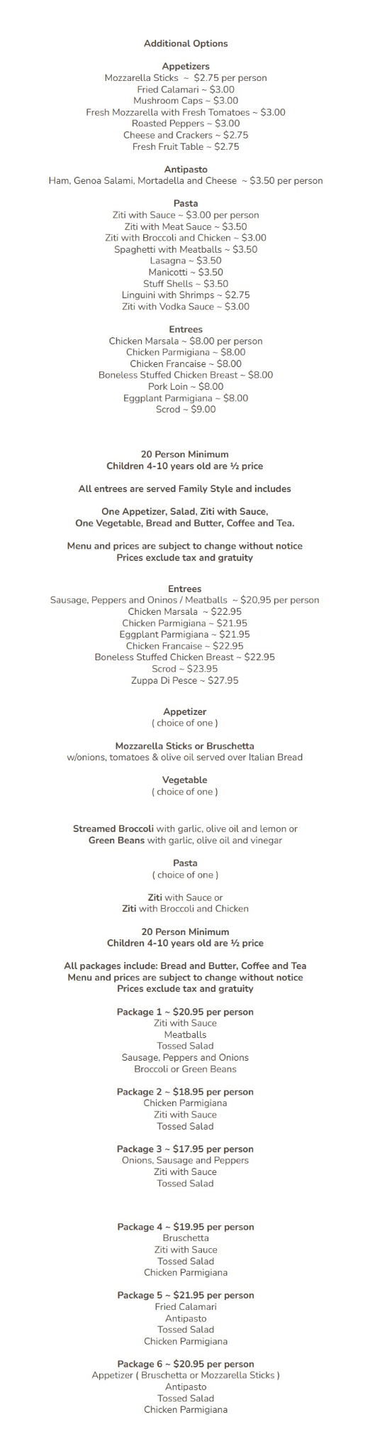 Russo's banquet hall menu